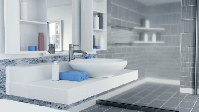 3D Rendered Bathroom Interior Design With Blue Towels